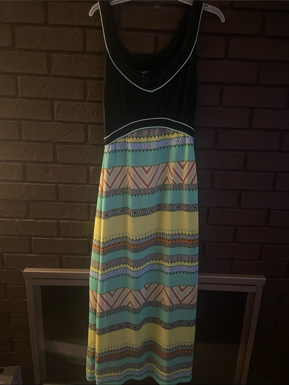 Black & Teal Patterned Maxi Dress with Colorful Stripes